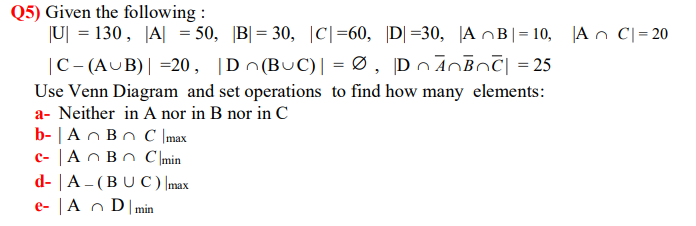 Q5) Given the following :
|U| = 130, JA| = 50, |B| = 30, |C|=60, D| =30, |A OB|= 10, An C|= 20
|C- (AUB)| =20 , |D^(BuC)| = Ø , D nĀOBOČ| = 25
Use Venn Diagram and set operations to find how many elements:
a- Neither in A nor in B nor in C
b- | An Bn C |max
c- | An Bn C \min
d- | A – (BU C) |max
e- | A n D|min
