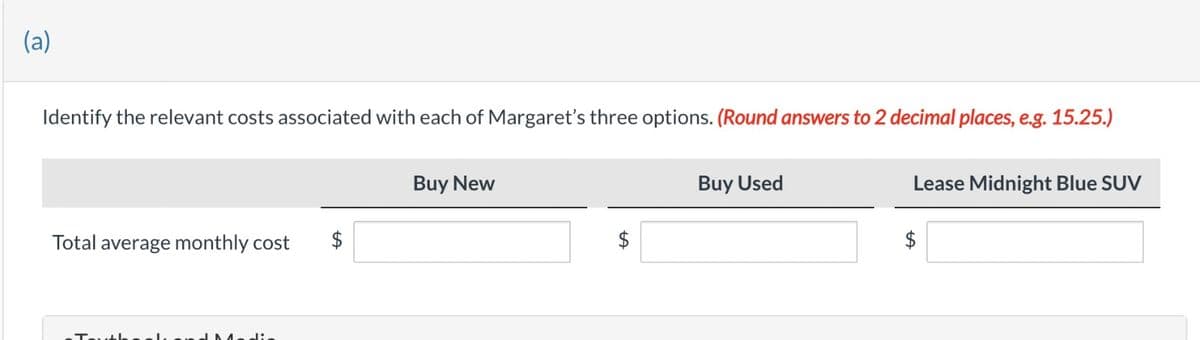 (a)
Identify the relevant costs associated with each of Margaret's three options. (Round answers to 2 decimal places, e.g. 15.25.)
Total average monthly cost $
Touth I.
d Madi.
Buy New
Buy Used
Lease Midnight Blue SUV
$