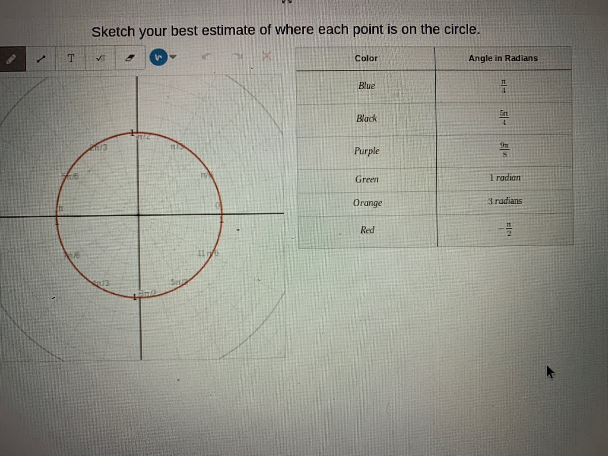 Sketch your best estimate of where each point is on the circle.
Color
Angle in Radians
Blue
Black
13
Purple
Green
1 radian
Orange
3 radians
Red
116
E/3
