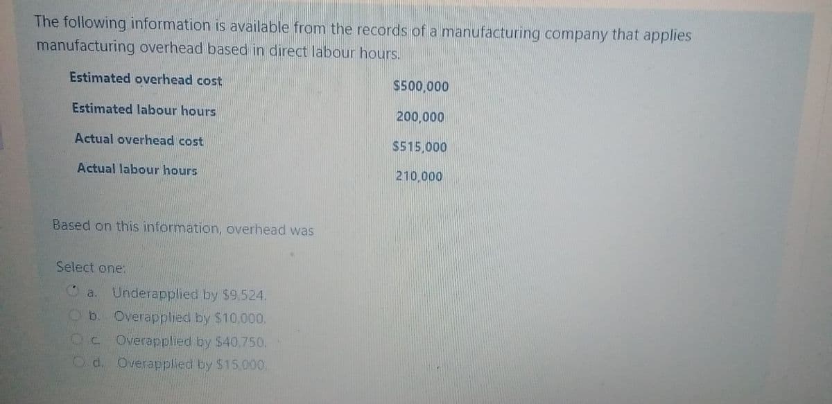 The following information is available from the records of a manufacturing company that applies
manufacturing overhead based in direct labour hours.
Estimated overhead cost
$500,000
Estimated labour hours
200,000
Actual overhead cost
$515,000
Actual labour hours
210,000
Based on this information, overhead was
Select one:
a. Underapplied by $9,524.
Ob. Overapplied by $10,000.
Overapplied by $40,750.
O d. Overapplied by $15.000.
