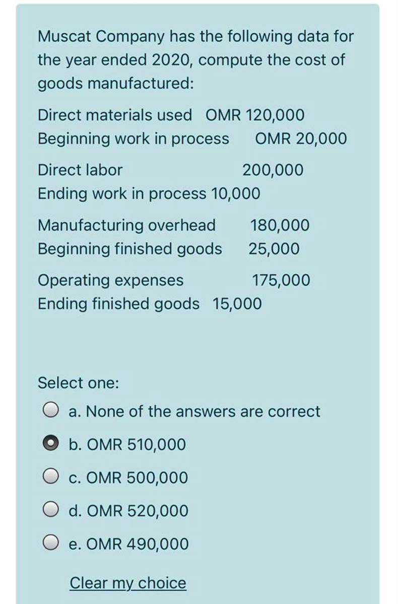 Muscat Company has the following data for
the year ended 2020, compute the cost of
goods manufactured:
Direct materials used OMR 120,000
Beginning work in process
OMR 20,000
200,000
Ending work in process 10,000
Direct labor
Manufacturing overhead
180,000
Beginning finished goods
25,000
Operating expenses
175,000
Ending finished goods 15,000
Select one:
a. None of the answers are correct
b. OMR 510,000
c. OMR 500,000
O d. OMR 520,000
O e. OMR 490,000
Clear my choice
