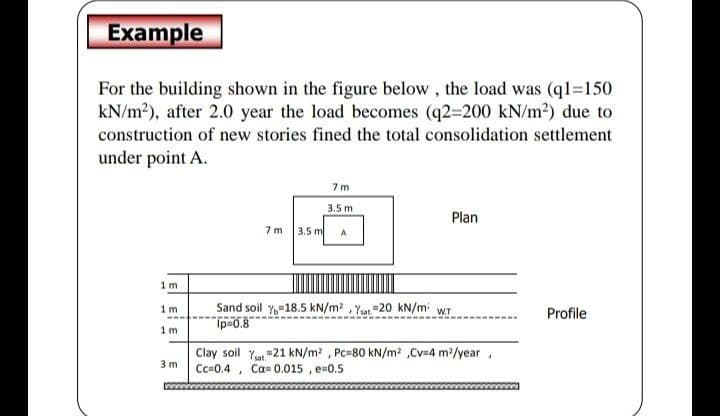 Example
For the building shown in the figure below , the load was (ql=150
kN/m?), after 2.0 year the load becomes (q2=200 kN/m²) due to
construction of new stories fined the total consolidation settlement
under point A.
7 m
3.5 m
Plan
7 m
3.5 m
A
1 m
Sand soil y-18.5 kN/m? , Yat. 20 kN/m WT
ip-0.8
1m
Profile
1 m
Clay soil Y 21 kN/m? , Pc=80 kN/m? ,Cv=4 m?/year,
Cc=0.4 , Ca= 0.015 , e=0.5
3 m
