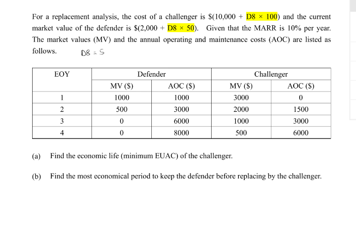 For a replacement analysis, the cost of a challenger is $(10,000 + D8 × 100) and the current
market value of the defender is $(2,000 + D8 × 50). Given that the MARR is 10% per year.
The market values (MV) and the annual operating and maintenance costs (AOC) are listed as
follows.
D8 = 5
ΕΟΥ
Defender
Challenger
MV ($)
АОC (S)
MV (S)
АОС ($)
1
1000
1000
3000
2
500
3000
2000
1500
3
6000
1000
3000
4
8000
500
6000
(a) Find the economic life (minimum EUAC) of the challenger.
(b) Find the most economical period to keep the defender before replacing by the challenger.
