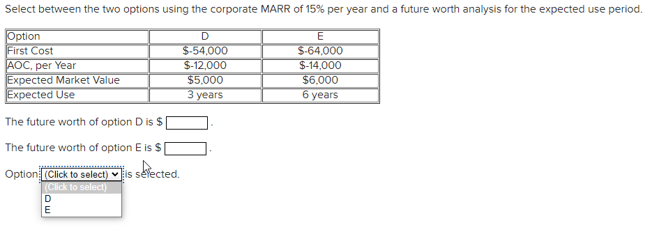 Select between the two options using the corporate MARR of 15% per year and a future worth analysis for the expected use period.
Option
First Cost
AOC, per Year
Expected Market Value
Expected Use
E
$-54,000
$-12,000
$5,000
З years
$-64,000
$-14,000
$6,000
6 years
The future worth of option D is $
The future worth of option E is $
Option (Click to select) vis sefected.
(Click to select)
DE
