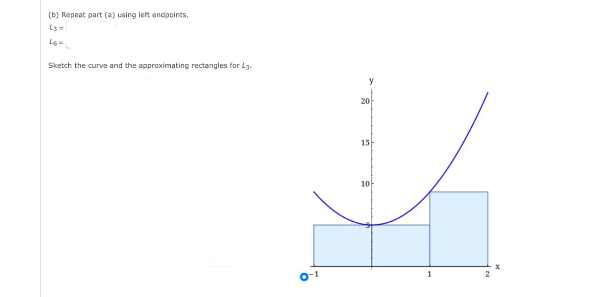 (b) Repeat part (a) using left endpoints.
L3 =
L6 =
Sketch the curve and the approximating rectangles for L3.
y
20아
15
10
1
2
0-1
