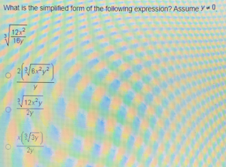 What is the simplified form of the following expression? Assume y0
12x2
16y
2/6x²y?
y
/12xy
2y
(/3y
2y
