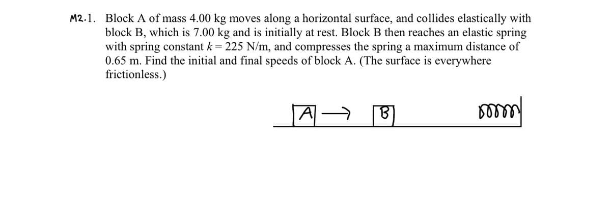 M2.1. Block A of mass 4.00 kg moves along a horizontal surface, and collides elastically with
block B, which is 7.00 kg and is initially at rest. Block B then reaches an elastic spring
with spring constant k = 225 N/m, and compresses the spring a maximum distance of
0.65 m. Find the initial and final speeds of block A. (The surface is everywhere
frictionless.)
|A|
