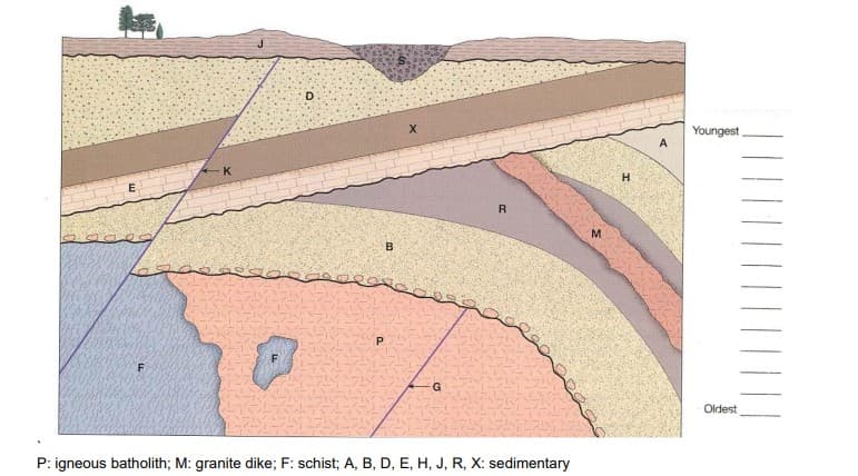 D
Youngest
H
M.
B
Oldest
P: igneous batholith; M: granite dike; F: schist; A, B, D, E, H, J, R, X: sedimentary

