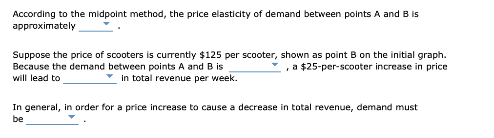 According to the midpoint method, the price elasticity of demand between points A and B is
approximately
Suppose the price of scooters is currently $125 per scooter, shown as point B on the initial graph.
Because the demand between points A and B is
a $25-per-scooter increase in price
will lead to
in total revenue per week.
In general, in order for a price increase to cause a decrease in total revenue, demand must
be