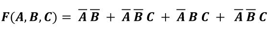 F(A, B, C) = AB + ABC + ABC + ABC