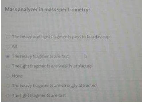 Mass analyzer in massispectrometry:
The heavy and lighrapments pas to araday cud
The heavy feagments are fast
Note
The heavy tragiments arestroalv attracted
The lighs fragents are fast
