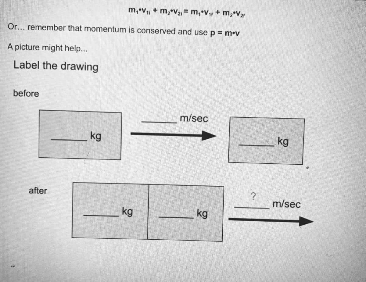 %3D
m,•vi + m,°V2i = m,•v1 + m2°V21
Or... remember that momentum is conserved and use p = m•v
A picture might help...
Label the drawing
before
m/sec
kg
kg
after
m/sec
kg
kg
