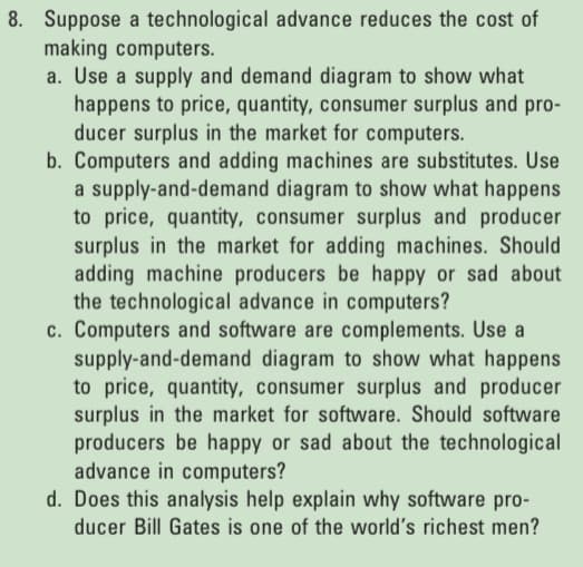 8. Suppose a technological advance reduces the cost of
making computers.
a. Use a supply and demand diagram to show what
happens to price, quantity, consumer surplus and pro-
ducer surplus in the market for computers.
b. Computers and adding machines are substitutes. Use
a supply-and-demand diagram to show what happens
to price, quantity, consumer surplus and producer
surplus in the market for adding machines. Should
adding machine producers be happy or sad about
the technological advance in computers?
c. Computers and software are complements. Use a
supply-and-demand diagram to show what happens
to price, quantity, consumer surplus and producer
surplus in the market for software. Should software
producers be happy or sad about the technological
advance in computers?
d. Does this analysis help explain why software pro-
ducer Bill Gates is one of the world's richest men?
