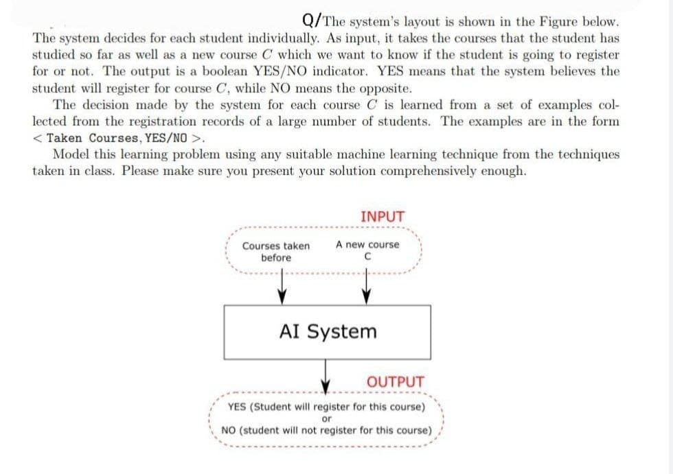 Q/The system's layout is shown in the Figure below.
The system decides for each student individually. As input, it takes the courses that the student has
studied so far as well as a new course C which we want to know if the student is going to register
for or not. The output is a boolean YES/NO indicator. YES means that the system believes the
student will register for course C, while NO means the opposite.
The decision made by the system for each course C is learned from a set of examples col-
lected from the registration records of a large number of students. The examples are in the form
< Taken Courses, YES/NO >.
Model this learning problem using any suitable machine learning technique from the techniques
taken in class. Please make sure you present your solution comprehensively enough.
INPUT
A new course
C
Courses taken
before
AI System
OUTPUT
YES (Student will register for this course)
or
NO (student will not register for this course)
