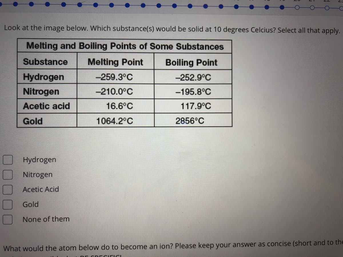 Look at the image below. Which substance(s) would be solid at 10 degrees Celcius? Select all that apply.
Melting and Boiling Points of Some Substances
Substance
Melting Point
Boiling Point
Hydrogen
-259.3°C
-252.9°C
Nitrogen
-210.0°C
-195.8°C
Acetic acid
16.6°C
117.9°C
Gold
1064.2°C
2856°C
Hydrogen
Nitrogen
Acetic Acid
Gold
None of them
What would the atom below do to become an ion? Please keep your answer as concise (short and to the

