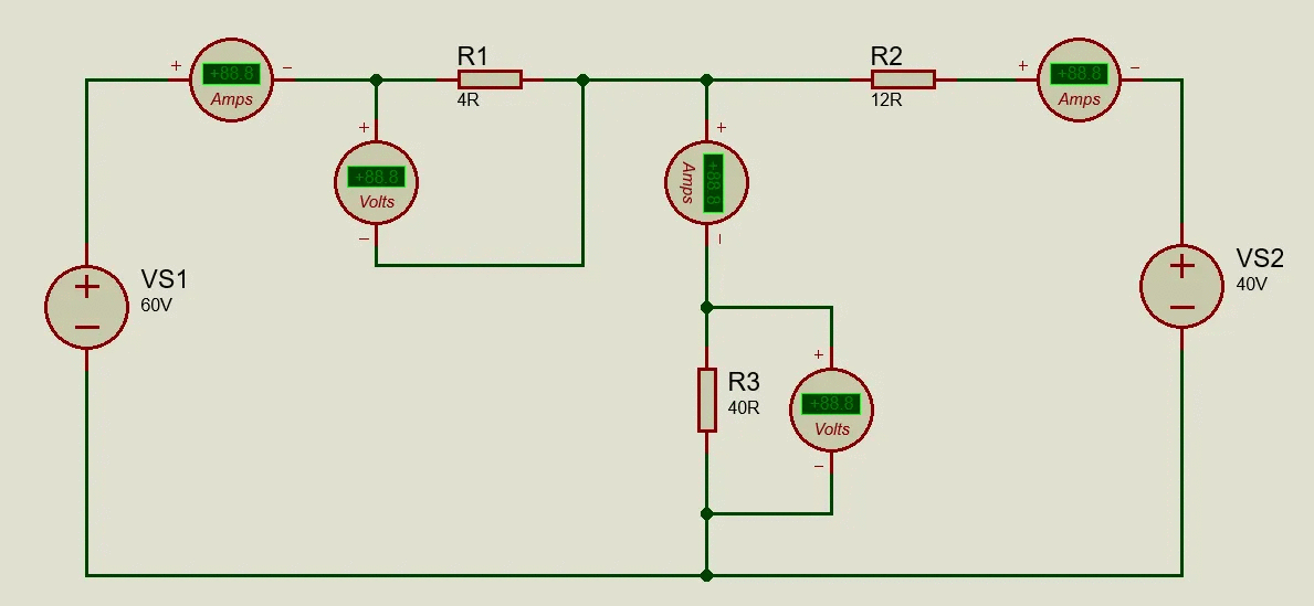 R1
R2
+88.8
+88.8
Amps
4R
12R
Amps
+88.8
Volts
VS2
VS1
40V
60V
R3
40R
+88.8
Volts
