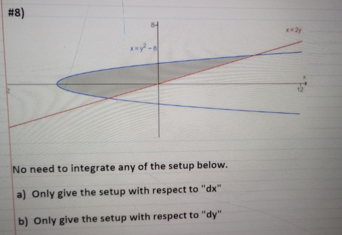 #8)
8
x=y²-8
No need to integrate any of the setup below.
a) Only give the setup with respect to "dx"
b) Only give the setup with respect to "dy"
x = 2y