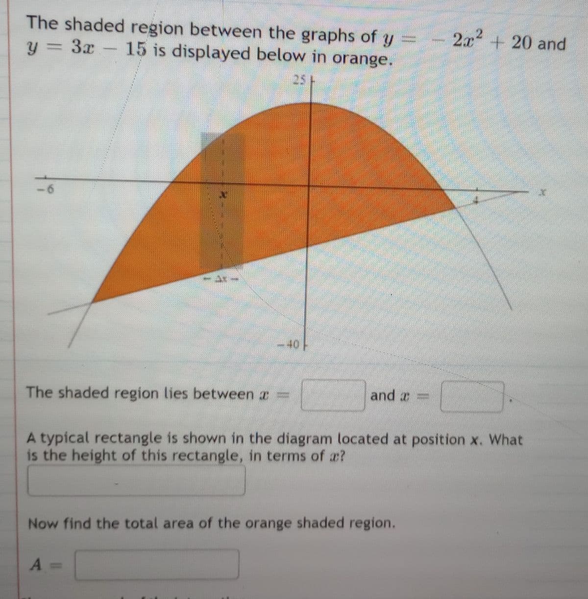 The shaded region between the graphs of y
y = 3x - 15 is displayed below in orange.
5.0
140
The shaded region lies between ï =
and =
2x² + 20 and
A typical rectangle is shown in the diagram located at position x. What
is the height of this rectangle, in terms of a?
Now find the total area of the orange shaded region.
A =