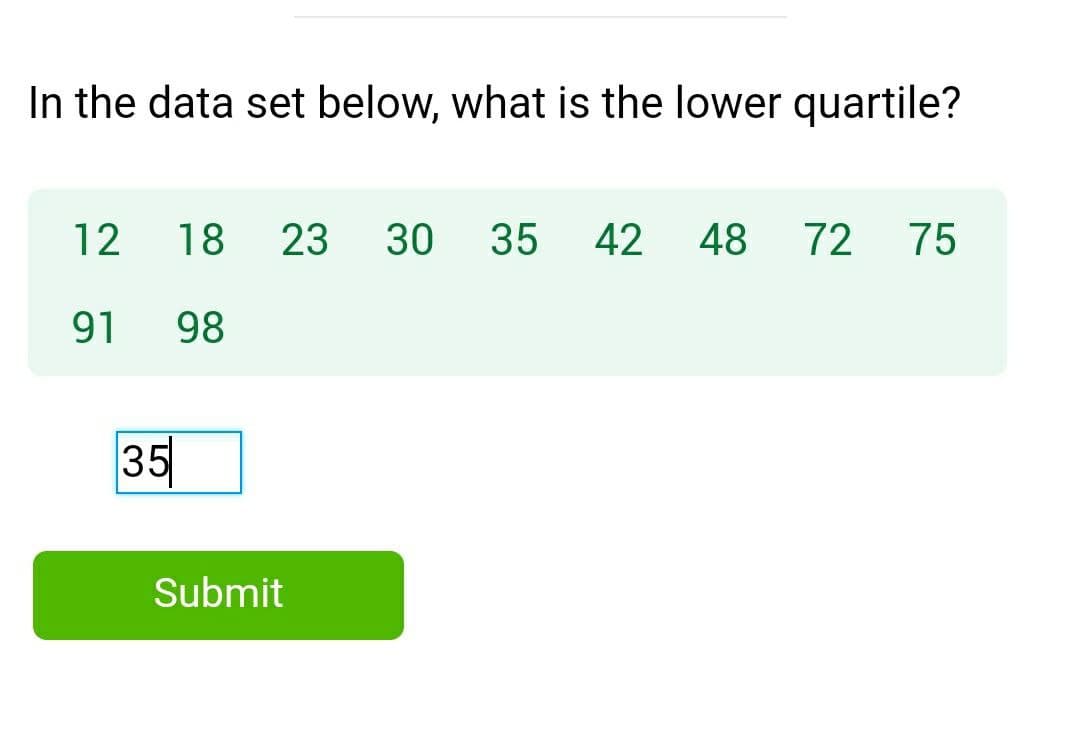 In the data set below, what is the lower quartile?
12
18
23
30
35
42
48 72
75
91
98
35
Submit
