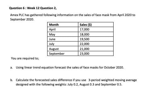 Question 6: Week 12 Question 2,
Amex PLC has gathered following information on the sales of face mask from April 2020 to
September 2020.
Month
Sales ($)
April
17,000
May
18,000
June
19,500
July
22,000
August
21,000
September
23,000
You are required to;
a. Using linear trend equation forecast the sales of face masks for October 2020.
b. Calculate the forecasted sales difference if you use 3-period weighted moving average
designed with the following weights: July 0.2, August 0.3 and September 0.5.
