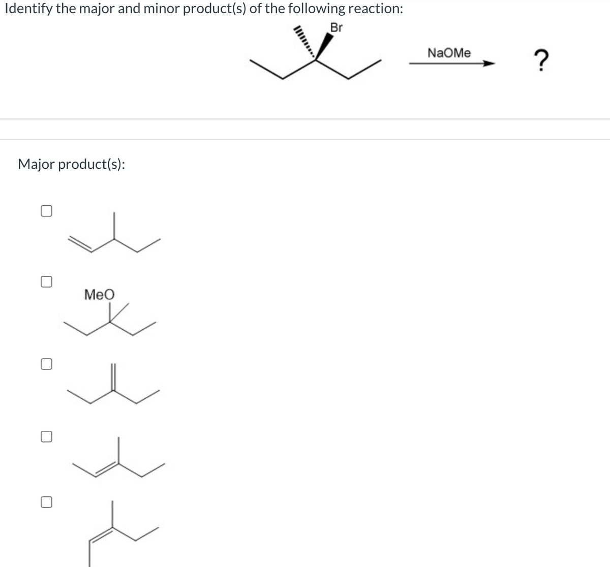 Identify the major and minor product(s) of the following reaction:
Br
NaOMe
?
Major product(s):
Мео
I..
