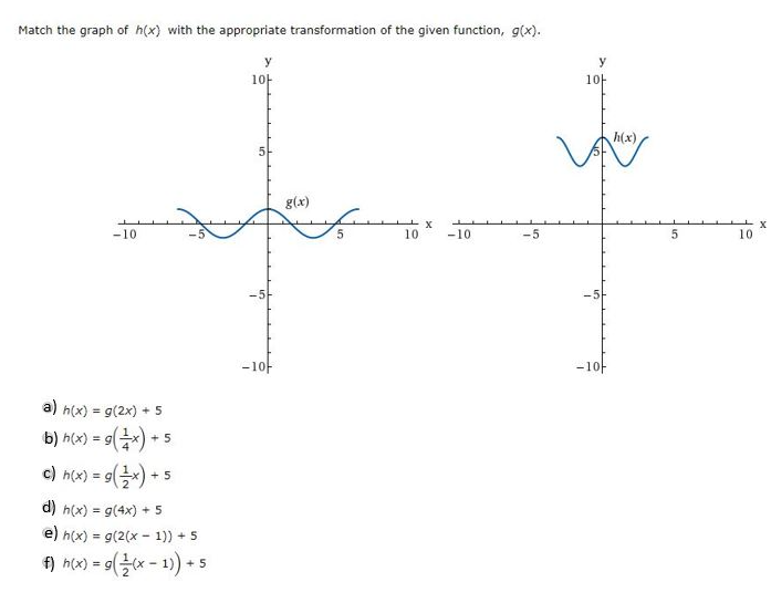 Match the graph of h(x) with the appropriate transformation of the given function, g(x).
y
y
1아
1아
h(x)
g(x)
-10
10
-10
10
-1아
-1아
a) h(x) = g(2x) + 5
b) n(x)=9(금x) +5
b) h(x) = 9
+ 5
c) h(x) = gx) -
+ 5
d) h(x) = g(4x) + 5
e) h(x) = g(2(x - 1)) + 5
%3D
%3D
f) hcx) = g(x - 1) +
%3D
