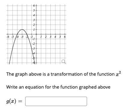 6+
4
-6 -5 4 -3 -A
i 2 3 4 5 ở
-2-
-3
The graph above is a transformation of the function x?
Write an equation for the function graphed above
g(x) =
