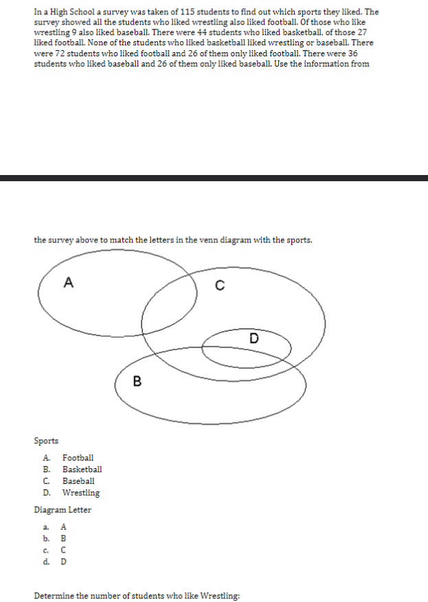 In a High School a survey was taken of 115 students to find out which sports they liked. The
survey showed all the students who liked wrestling also liked football. Of those who like
wrestling 9 also liked baseball. There were 44 students who liked basketball, of those 27
liked football. None of the students who liked basketball liked wrestling or baseball. There
were 72 students who liked football and 26 of them only liked football. There were 36
students who liked baseball and 26 of them only liked baseball. Use the information from
the survey above to match the letters in the venn diagram with the sports.
Sports
A
A. Football
B. Basketball
C. Baseball
D. Wrestling
Diagram Letter
a. A
b. B
С
с.
d. D
B
с
Determine the number of students who like Wrestling:
D