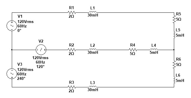 R1
L1
30mH
R5
50
V1
20
120Vrms
60HZ
0°
L5
:5mH
V2
R2
L2
R4
L4
.
20
30mH
50
5mH
120Vrms
60HZ
R6
V3
50
120°
120Vrms
60HZ
240°
L6
:5mH
R3
L3
w
20
30mH
