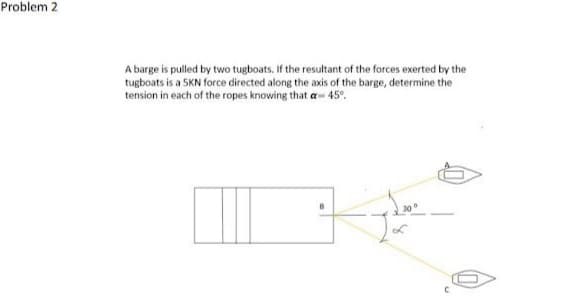 Problem 2
A barge is pulled by two tugboats. If the resultant of the forces exerted by the
tugboats is a 5KN force directed along the axis of the barge, determine the
tension in each of the ropes knowing that a- 45°.
