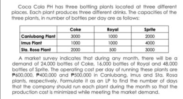 Coca Cola PH has three bottling plants located at three different
places. Each plant produces three different drinks. The capacities of the
three plants, in number of bottles per day are as follows:
Royal
Sprite
2000
4000
Coke
Canlubang Plant
Imus Plant
Sta. Rosa Plant
3000
1000
1000
1000
2000
500
3000
A market survey indicates that during any month, there will be a
demand of 24.000 bottles of Coke, 16.000 bottles of Royal and 48.000
bottles of Sprite. The operating cost per day of running these plants are
P600,000, P400,000 and P500.000 in Canlubang, Imus and Sta. Rosa
plants, respectively. Formulate it as an LP to find the number of days
that the company should run each plant during the month so that the
production cost is minimized while meeting the market demand.
