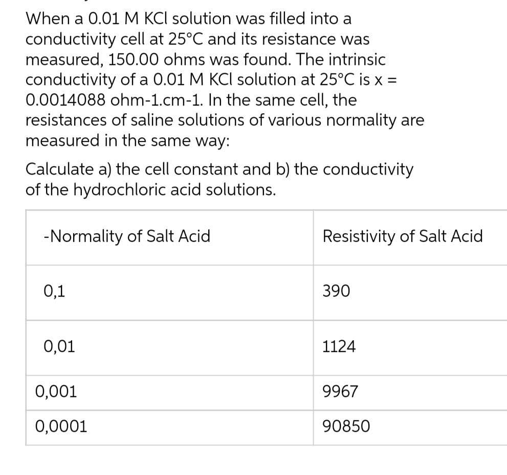 When a 0.01 M KCl solution was filled into a
conductivity cell at 25°C and its resistance was
measured, 150.00 ohms was found. The intrinsic
conductivity of a 0.01 M KCl solution at 25°C is x =
0.0014088 ohm-1.cm-1. In the same cell, the
resistances of saline solutions of various normality are
measured in the same way:
Calculate a) the cell constant and b) the conductivity
of the hydrochloric acid solutions.
- Normality of Salt Acid
0,1
0,01
0,001
0,0001
Resistivity of Salt Acid
390
1124
9967
90850