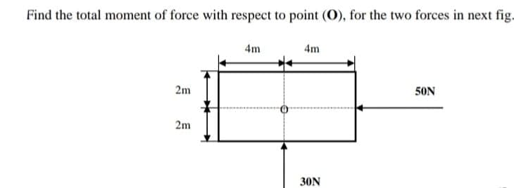 Find the total moment of force with respect to point (O), for the two forces in next fig.
4m
4m
2m
50N
2m
30N
