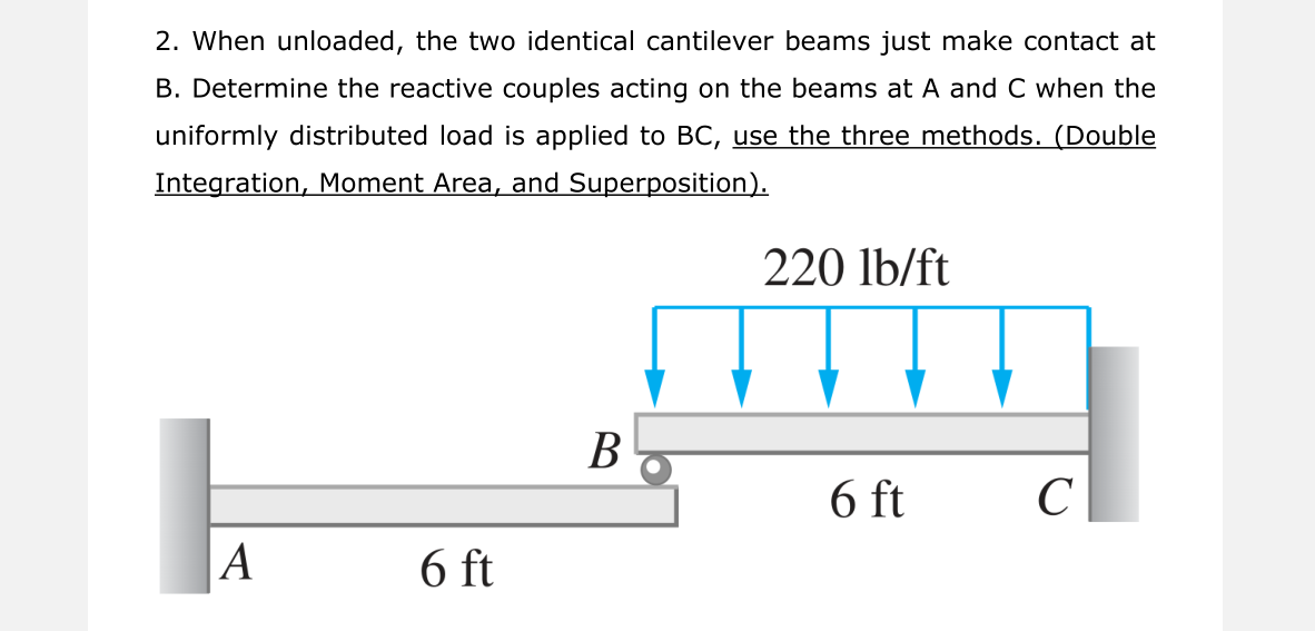 2. When unloaded, the two identical cantilever beams just make contact at
B. Determine the reactive couples acting on the beams at A and C when the
uniformly distributed load
applied to BC, use the three methods. (Double
Integration, Moment Area, and Superposition).
220 lb/ft
В
6 ft
C
A
6 ft

