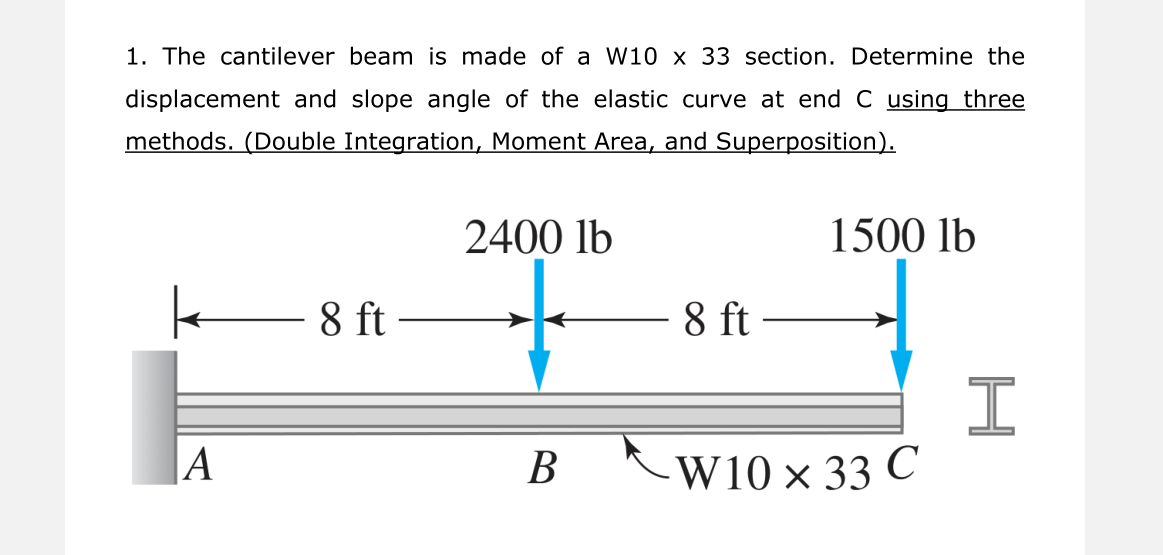 1. The cantilever beam is made of a W10 x 33 section. Determine the
displacement and slope angle of the elastic curve at end C using three
methods. (Double Integration, Moment Area, and Superposition).
2400 lb
1500 lb
- 8 ft
8 ft
|A
В
-W10 × 33 C
