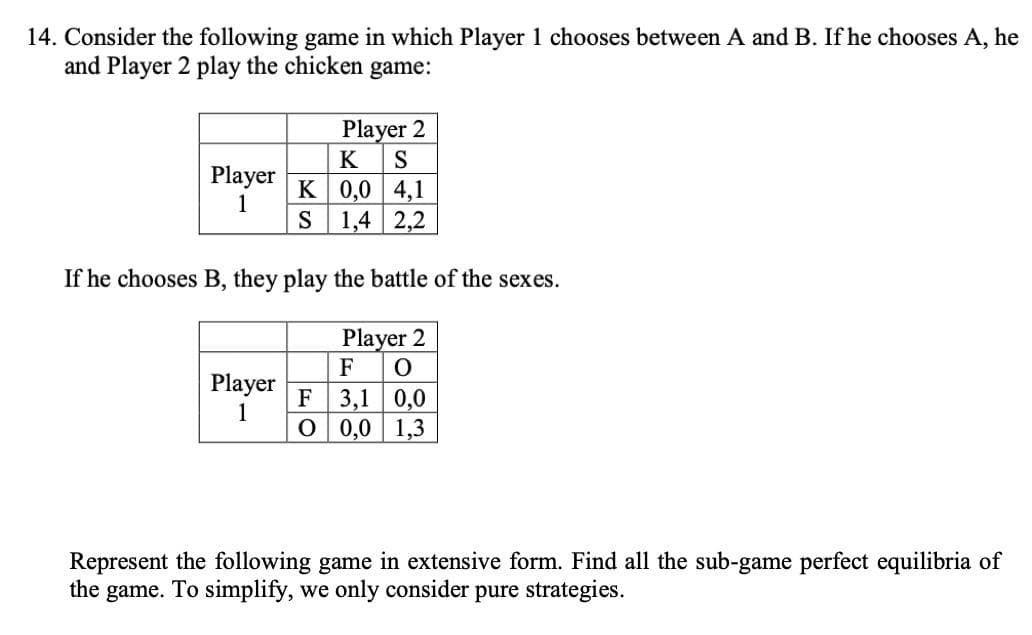 14. Consider the following game in which Player 1 chooses between A and B. If he chooses A, he
and Player 2 play the chicken game:
Player 2
K
S
Player
1
K 0,0 4,1
1,4 2,2
S
If he chooses B, they play the battle of the sexes.
Player 2
F
Player
F
3,1 0,0
O 0,0 1,3
1
Represent the following game in extensive form. Find all the sub-game perfect equilibria of
the game. To simplify, we only consider pure strategies.
