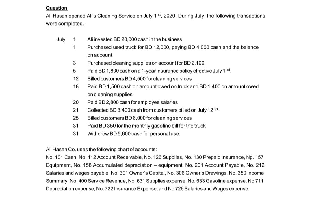 Question
Ali Hasan opened Ali's Cleaning Service on July 1 st, 2020. During July, the following transactions
were completed.
July
1
Ali invested BD 20,000 cash in the business
1
Purchased used truck for BD 12,000, paying BD 4,000 cash and the balance
on account.
3
Purchased cleaning supplies on account for BD 2,100
Paid BD 1,800 cash on a 1-year insurance policy effective July 1 st.
12
Billed customers BD 4,500 for cleaning services
18
Paid BD 1,500 cash on amount owed on truck and BD 1,400 on amount owed
on cleaning supplies
20
Paid BD 2,800 cash for employee salaries
21
Collected BD 3,400 cash from customers billed on July 12 th
25
Billed customers BD 6,000 for cleaning services
31
Paid BD 350 for the monthly gasoline bill for the truck
Withdrew BD 5,600 cash for personal use.
31
Ali Hasan Co. uses the following chart of accounts:
No. 101 Cash, No. 112 Account Receivable, No. 126 Supplies, No. 130 Prepaid Insurance, Np. 157
Equipment, No. 158 Accumulated depreciation – equipment, No. 201 Account Payable, No. 212
Salaries and wages payable, No. 301 Owner's Capital, No. 306 Owner's Drawings, No. 350 Income
Summary, No. 400 Service Revenue, No. 631 Supplies expense, No. 633 Gasoline expense, No 711
Depreciation expense, No. 722 Insurance Expense, and No 726 Salaries and Wages expense.
