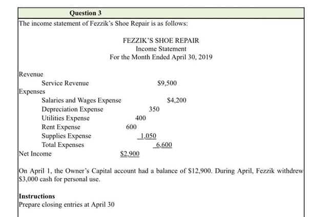 Question 3
The income statement of Fezzik's Shoe Repair is as follows:
FEZZIK'S SHOE REPAIR
Income Statement
For the Month Ended April 30, 2019
Revenue
Service Revenue
$9,500
Expenses
Salaries and Wages Expense
Depreciation Expense
Utilities Expense
Rent Expense
Supplies Expense
Total Expenses
$4,200
350
400
600
1,050
6,600
Net Income
$2,900
On April 1, the Owner's Capital account had a balance of $12,900. During April, Fezzik withdrew
$3,000 cash for personal use.
Instructions
Prepare closing entries at April 30
