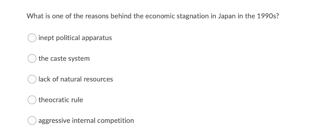 What is one of the reasons behind the economic stagnation in Japan in the 1990s?
inept political apparatus
the caste system
lack of natural resources
theocratic rule
aggressive internal competition
