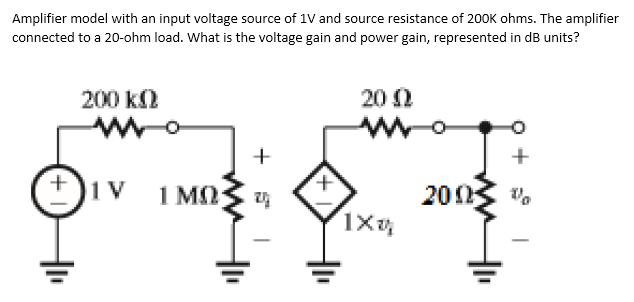 Amplifier model with an input voltage source of 1V and source resistance of 200K ohms. The amplifie
connected to a 20-ohm load. What is the voltage gain and power gain, represented in dB units?
200 k2
20 0
+
+.
1 MQ
20Ω ο
