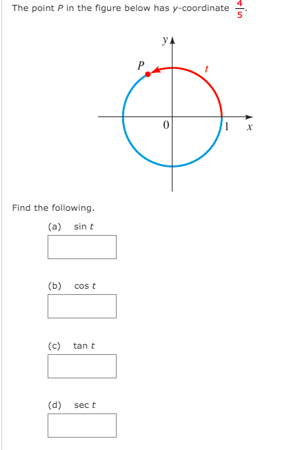 The point P in the figure below has y-coordinate
y.
P
Find the following.
(a) sin t
(b) cos t
(c)
tan t
(d)
sec t
