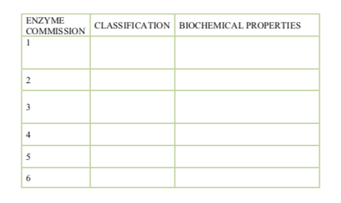 ENZYME
CLASSIFICATION BIOCHEMICAL PROPERTIES
COMMISSION
2
3
4
5
6.
