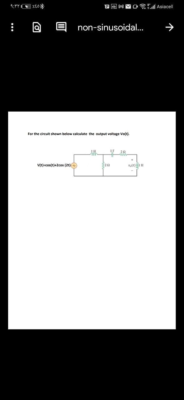 aa"l Asiacell
non-sinusoidal..
For the circuit shown below calculate the output voltage Vo(t).
v(t)=cos(t)+2cos (2t)e
320
•..
