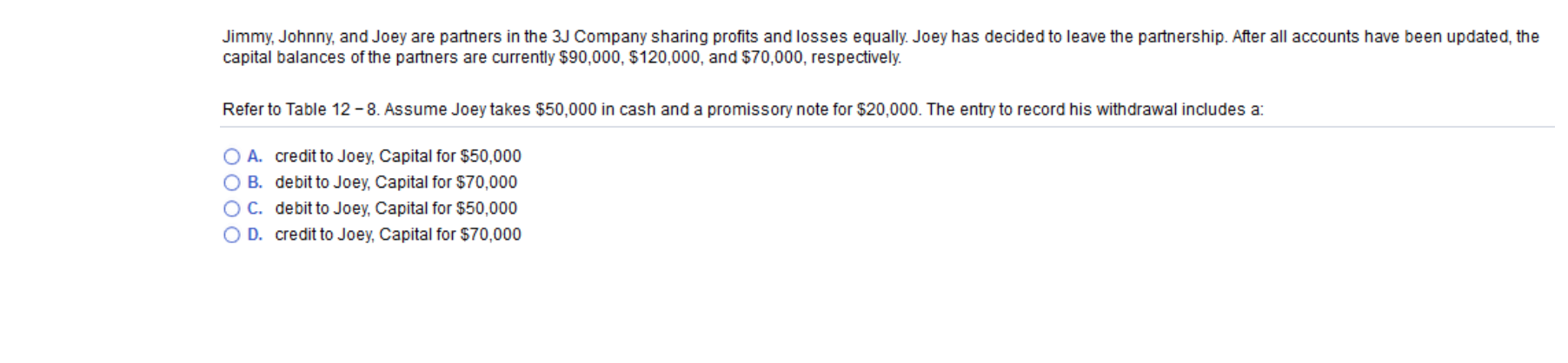 Jimmy, Johnny, and Joey are partners in the 3J Company sharing profits and losses equally. Joey has decided to leave the partnership. After all accounts have been updated, the
capital balances of the partners are currently $90,000, $120,000, and $70,000, respectively.
Refer to Table 12-8. Assume Joey takes $50,000 in cash and a promissory note for $20,000. The entry to record his with drawal includes a
O A.
O B.
credit to Joey, Capital for $50,000
debit to Joey, Capital for $70,000
C. debit to Joey, Capital for $50,000
O D. credit to Joey, Capital for $70,000

