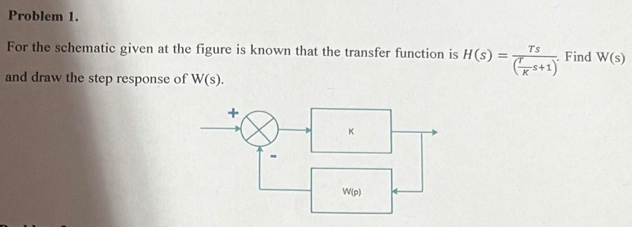 Problem 1.
For the schematic given at the figure is known that the transfer function is H(s) =
and draw the step response of W(s).
+
K
W(p)
Ts
(√²+1)
Find W(S)