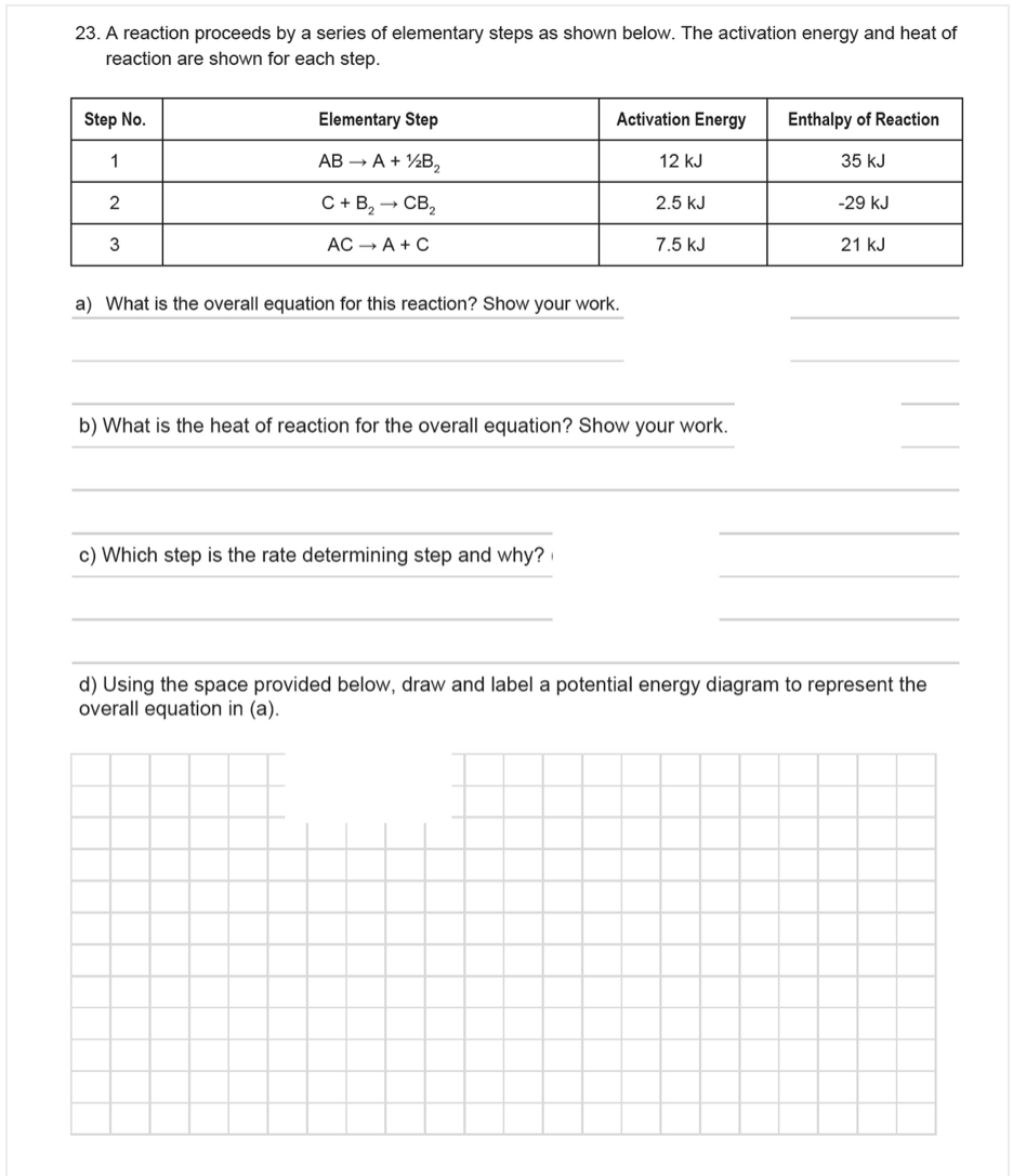 23. A reaction proceeds by a series of elementary steps as shown below. The activation energy and heat of
reaction are shown for each step.
Step No.
Elementary Step
Activation Energy
Enthalpy of Reaction
1
АВ — А + Y-B,
12 kJ
35 kJ
2
C + B, → CB,
2.5 kJ
-29 kJ
3
АС — А + C
7.5 kJ
21 kJ
a) What is the overall equation for this reaction? Show your work.
b) What is the heat of reaction for the overall equation? Show your work.
c) Which step is the rate determining step and why?
d) Using the space provided below, draw and label a potential energy diagram to represent the
overall equation in (a).
