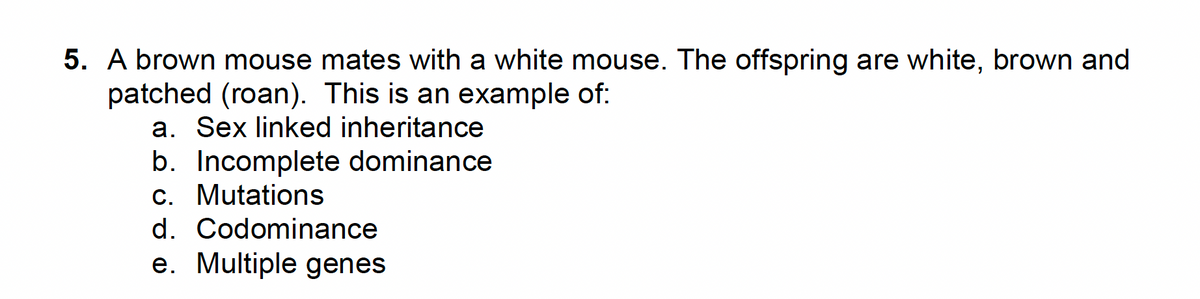 5. A brown mouse mates with a white mouse. The offspring are white, brown and
patched (roan). This is an example of:
a. Sex linked inheritance
b. Incomplete dominance
c. Mutations
d. Codominance
e. Multiple genes
