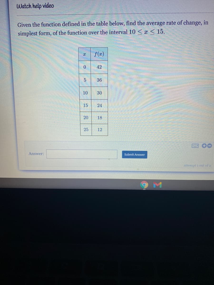 Watch help video
Given the function defined in the table below, find the average rate of change, in
simplest form, of the function over the interval 10 < x < 15.
f(2)
42
36
10
30
15
24
20
18
25
12
圈 0
Answer:
Submit Answer
attempt i out of 2
