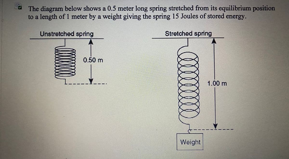 The diagram below shows a 0.5 meter long spring stretched from its equilibrium position
to a length of 1 meter by a weight giving the spring 15 Joules of stored energy.
Unstretched spring
Stretched spring
0.50 m
1.00m
Weight
