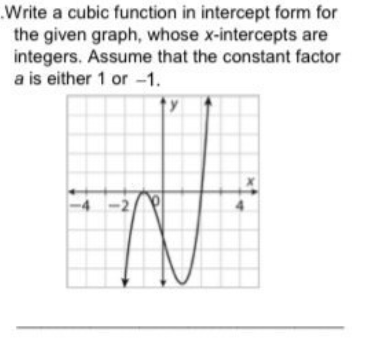 .Write a cubic function in intercept form for
the given graph, whose x-intercepts are
integers. Assume that the constant factor
a is either 1 or -1.
